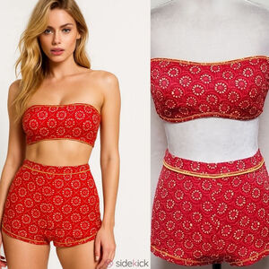 90s Vintage Daffy Waterwear Floral Terracotta Strapless Bandeau Boyshorts Bikini